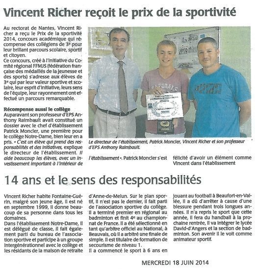 Vincent Richer reçoit le Prix de la Sportivité